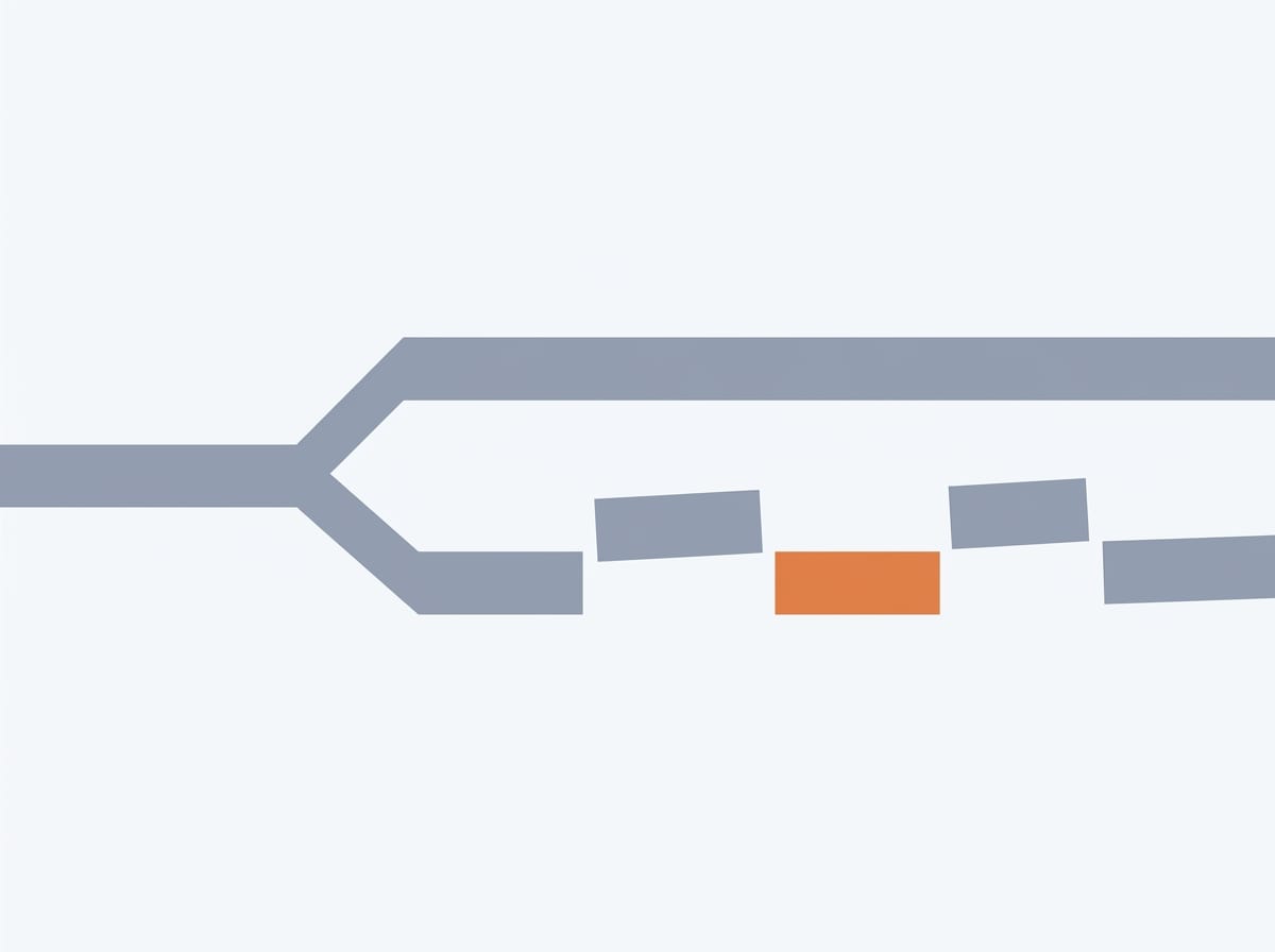 A horizontal bar entering from the left splits into two paths: a simple uniform track above, and a broken, staggered set of rectangular blocks below with one highlighted in ochre.